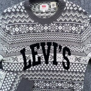 Levi's Sweater Small White Gray Knit Long Sleeve Christmas Fair Isle Cotton Knit